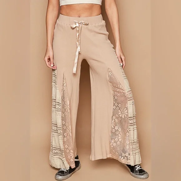 339. POL LAST 1! Wide Leg Pant & Lace Dress Top Tan Pull On Drawstring 2 Piece - Picture 3 of 6